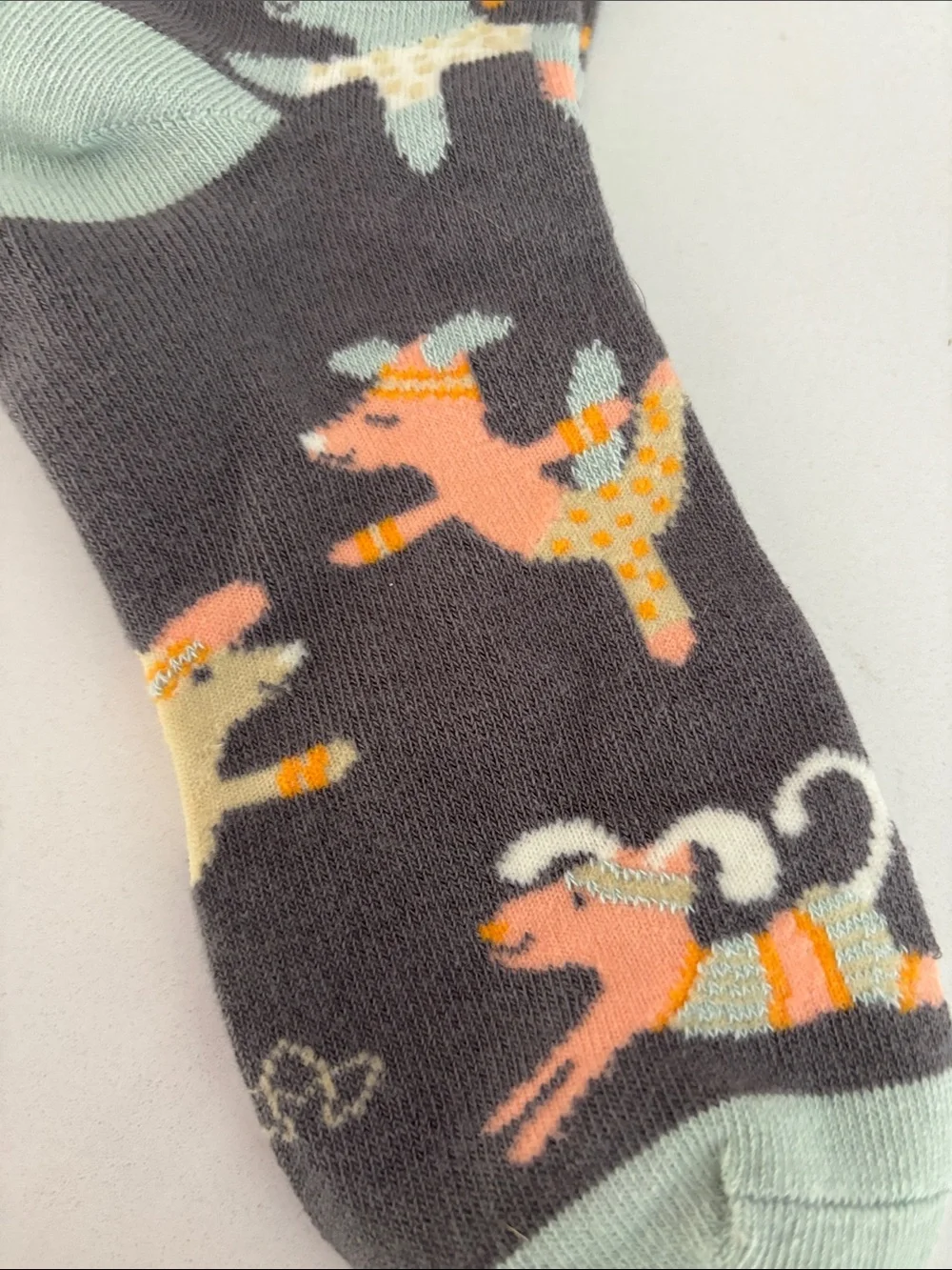 Karma Gray Crew Socks with Mint Cuff and Multicolor Dog Pattern